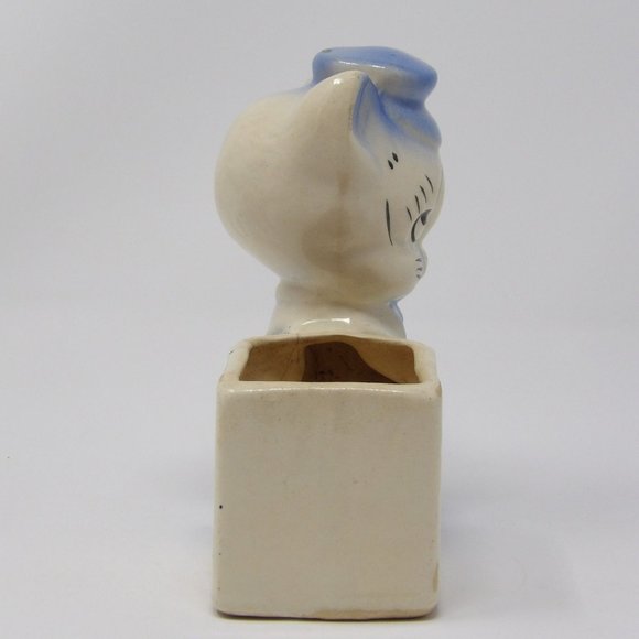 Vintage Planter Anthropomorphic Pig Blue Hat, Bow Tie Overalls 5 1/2" H x 5 1/2" - Picture 4 of 10